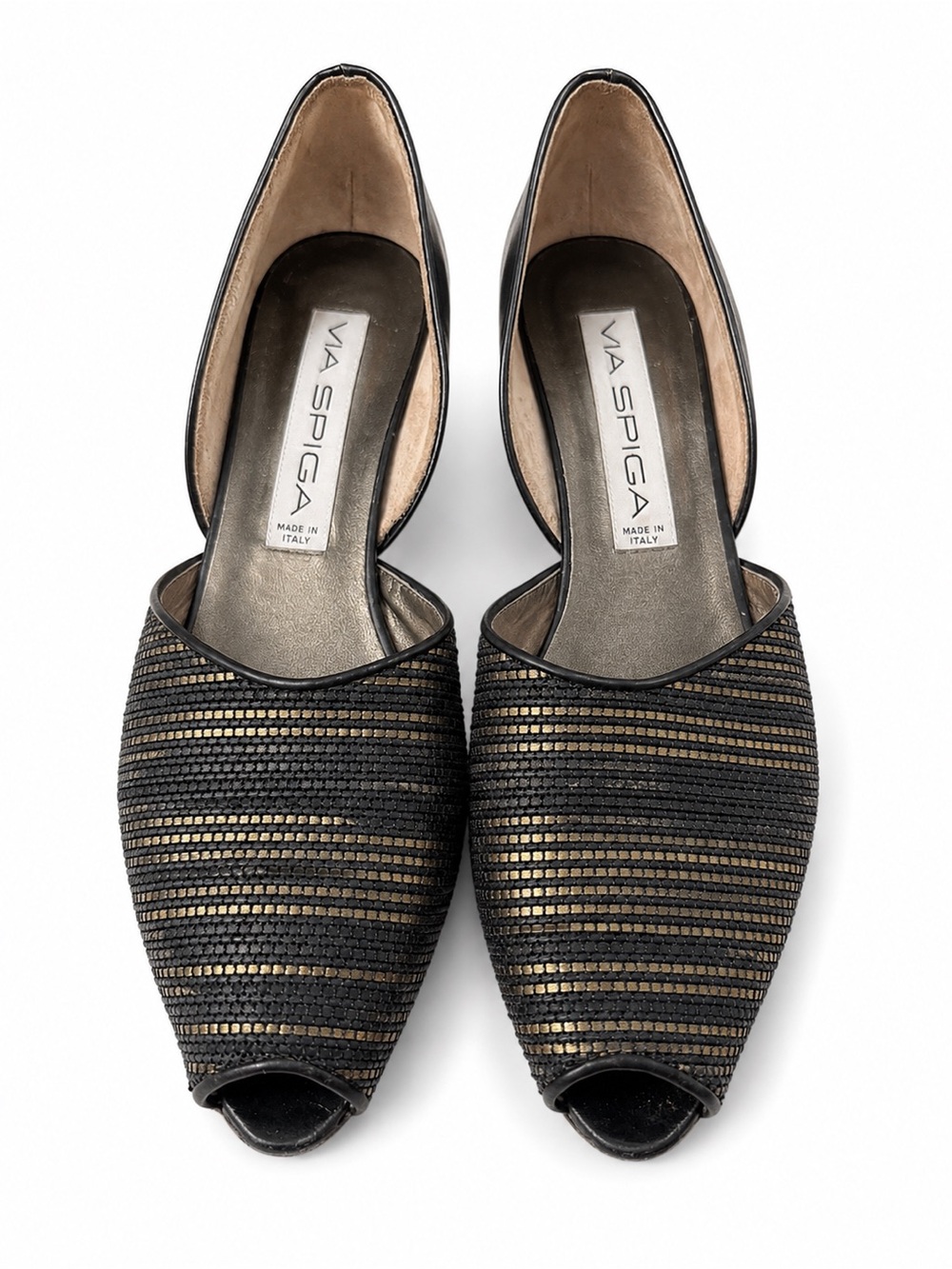 Via Spiga Black & Gold Striped Peep-Toe Wedges